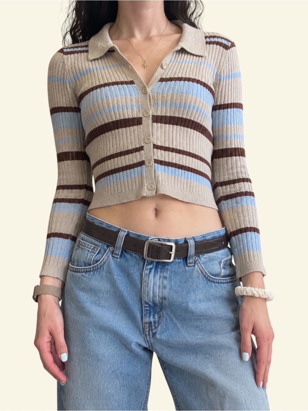 LA Hearts PacSun Striped Polo Cardigan Sweater Small Cropped Ribbed Knit Brown S